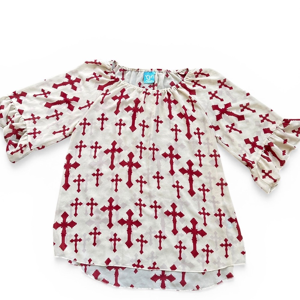 Cowgirl Hardware Cross Print Peasant Top Womens Large Cream Red‎ Excellent Boho